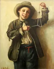Boy playing a triangle by Jeremy Lettwill, oil on canvas, sold May 2024