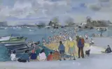 Swimmers on shipway and Onlookers by Andrew Freeth, ink and watercolour, sold May 2024
