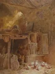 Chickens in a barn by Cuthbert Rigby, watercolour, sold May 2024
