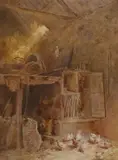 Chickens in a barn by Cuthbert Rigby, watercolour, sold May 2024