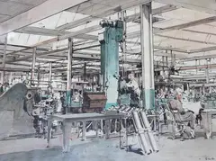 Factory by Frederick Donald Blake, ink and watercolour on paper, sold May 2024