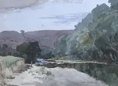 Mountainous River landscape by Leonard Barnish, 1952, watercolour, sold May 2024
