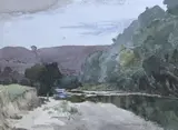 Mountainous River landscape by Leonard Barnish, 1952, watercolour, sold May 2024