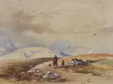 Mountainous landscape with figures by Edward M. Richardson, watercolour, offered May 2024
