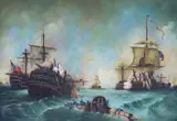 Naval ships at sea by De Mayer, oil on board, sold May 2024