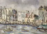 Houseboats at Chelsea by William Davies, oil on board, sold May 2024