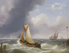 Fishing boat off a Dutch estuary by Charles-Louis Verboeckhoven, oil on board, sold May 2024