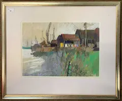 Harbour / port scene by John Tookey, pastel on paper, sold Aug 2024