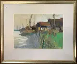 Harbour / port scene by John Tookey, pastel on paper, sold Aug 2024
