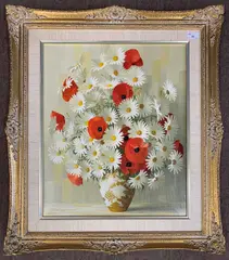 Still life study of daisies and poppies by Elizabeth Rouviere, oil on canvas, sold Aug 2024