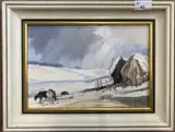 Winter landscape with grazing cattle by Jason Partner, oil on board, sold Aug 2024