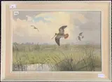 Woodcocks alighting over marshland by John Cyril Harrison, watercolour, sold Aug 2024