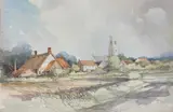 Norfolk landscape view across fields to houses and a church by Jason Partner, watercolour on board, sold Aug 2024
