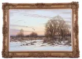 Winter landscape with mallards in flight by Colin Burns, oil on canvas, sold Jul 2024