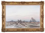 Winter Landscape with a Heron on the bank by Colin Burns, oil on canvas, sold Jul 2024
