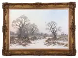 Winter landscape with a mallard in flight by a thicket at sunset by Colin Burns, oil on canvas, sold Jul 2024