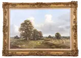Harvest scene with pheasants in a lane by Colin Burns, oil on canvas, sold Jul 2024