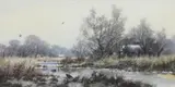 Winter river landscape with two moor hens by Colin Burns, watercolour and gouache, sold Jul 2024