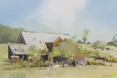 Landscape with farm buildings by Jeremy Barlow, watercolour, sold Jul 2024