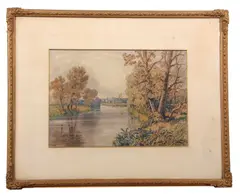 Riverbank view by John Joseph Cotman, 1870, watercolour, sold Jul 2024