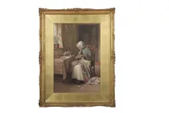 Interior scene depicting an elderly lady attending to a patch by Charles Edward Wilson, watercolour, sold Jul 2024