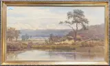 Expansive landscape with a horse and cart traveller crossing a by John Henry Leonard, watercolour, sold Jul 2024