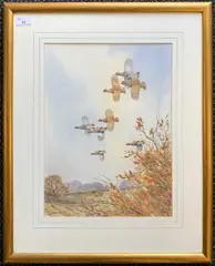Gray Partridge bursting over a hedge by Simon Trinder, watercolour and gouache, sold Jul 2024