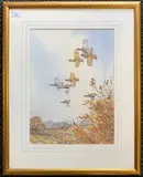 Gray Partridge bursting over a hedge by Simon Trinder, watercolour and gouache, sold Jul 2024