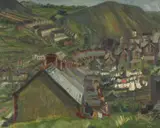 3 Backyards by Joan Oxland, 1956, oil on board, sold Mar 2025