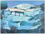 Colour print - landscape with white cottages by John Elwyn, 1995, print, offered Mar 2025