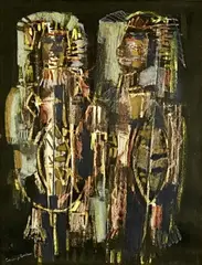 Warriors' on Ritchie Hendriks Gallery label by George Campbell Rha, pastel, sold Mar 2025
