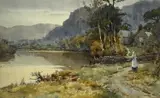 Betws-y-Coed with figure beside River by Warren Williams, watercolour, sold Mar 2025