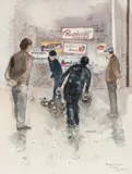 Petanque Players, Picaroy by Ray Evans, watercolour, sold Jan 2025