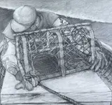 Man & Trap No.1 by Philip Muirden, pencil on paper, offered Jan 2025