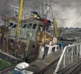 Burning Boat, Milford by Philip Muirden, oil on canvas, sold Nov 2024