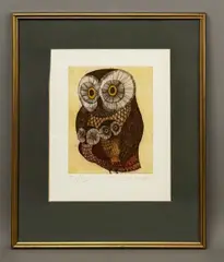 Owl family coloured etching by Françoise Deberdt, etching, sold Oct 2026