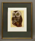 Owl family coloured etching by Françoise Deberdt, etching, sold Oct 2026