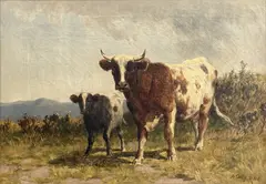 Cow and Calf in a Moorland Landscape by Alfred Grey, oil on canvas, offered Aug 2026