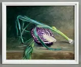 Still life of a halved red cabbage and leeks acrylic by J Sykes, oil, sold Aug 2026