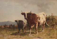 Cow and Calf in a Moorland Landscape by Alfred Grey, oil, offered Aug 2026
