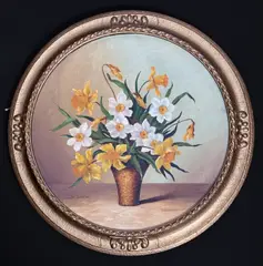 Still life of daffodils and narcissi in a vase by H Shaw, oil on canvas, sold Aug 2026