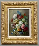 Still life of spring flowers in an urn on a stone table by Dorothy Gordon-Smith, oil, sold Aug 2026