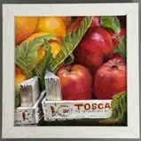 Still life of red apples and oranges by Diane Hutchinson, oil, sold Aug 2026