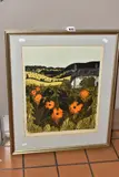 Poppies, cottage and downs by Robert Tavener, linocut, sold Apr 2022