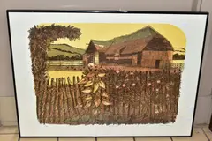 Tithe barn and fence by Robert Tavener, linocut, sold Apr 2022