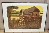 Tithe barn and fence by Robert Tavener, linocut, sold Apr 2022