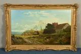A church sitting in a rural landscape with hayricks beyond by Daniel Sherrin, oil, sold Mar 2022