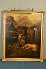 Hunting dogs and horses at rest within a mountainous landscape by John Gifford, oil on canvas, sold Mar 2022