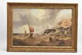 BOATS IN ROUGH SEAS OFF A ROCKY SHORE LINE, figures in a fishing boat are by H. Moore, oil on canvas, offered Mar 2022