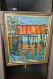 A COLOURFUL BUILDING ON A PIER OVER WATER, signed bottom right, oil on by G Cadbury, oil on canvas, offered Mar 2022